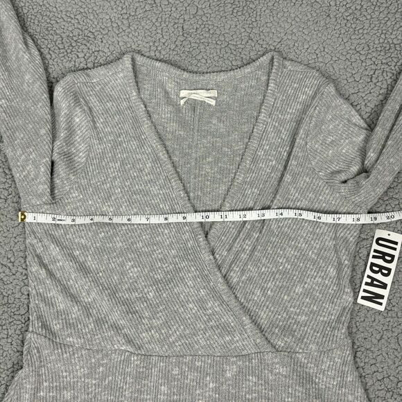 URBAN OUTFITTERS Ribbed Soft Surplice Faux Wrap Dress Womens XL Gray Long Sleeve - Picture 7 of 16
